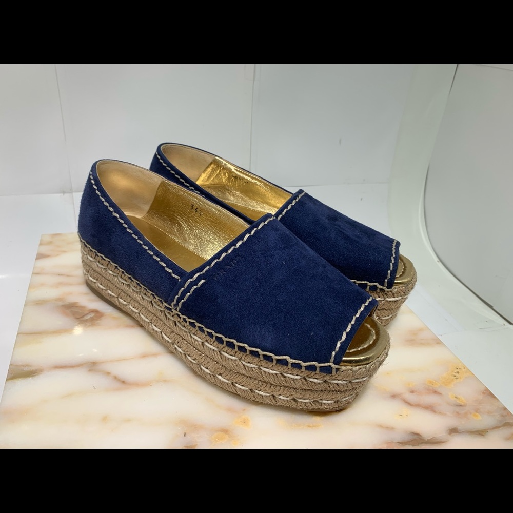 Prada Milano suede leather open toe flat wedge